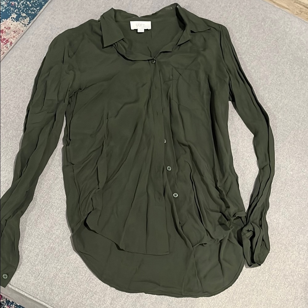LOFT Green Button Down Shirt with Notched Collar